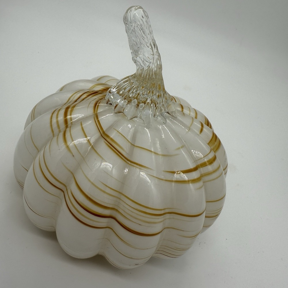 Hand Blown Art Glass Pumpkin Striped White Orange Clear Stem Decor Design